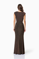 model wearing Nalani Fitted Maxi Dress In Brown back shot