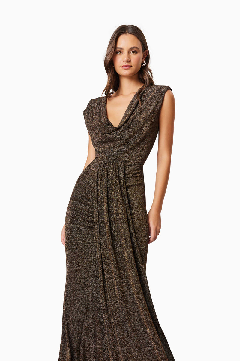 model wearing Nalani Fitted Maxi Dress In Brown front shot