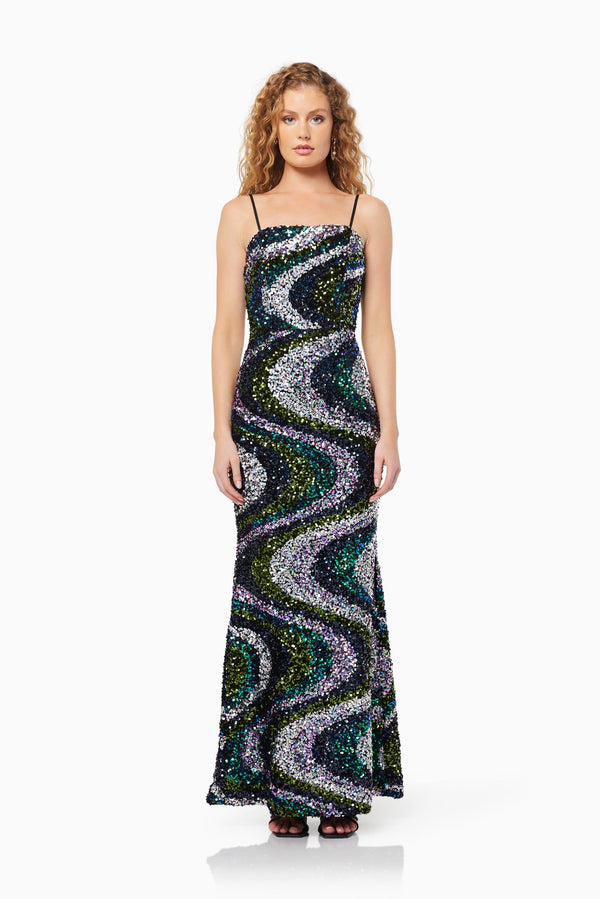 model wearing Cheryl sequin maxi gown in multi front shot