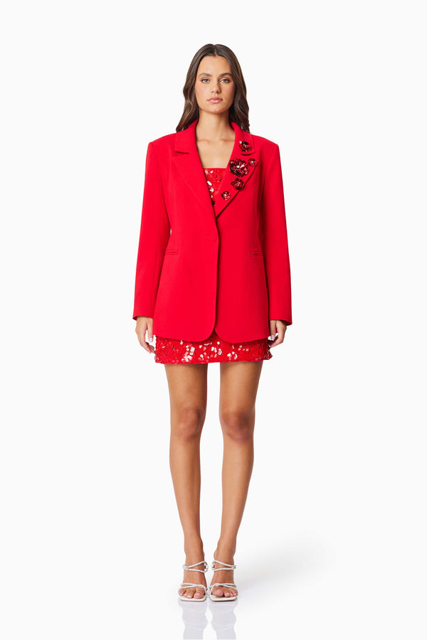 model wearing Emma Tailored Blazer In Red front shot