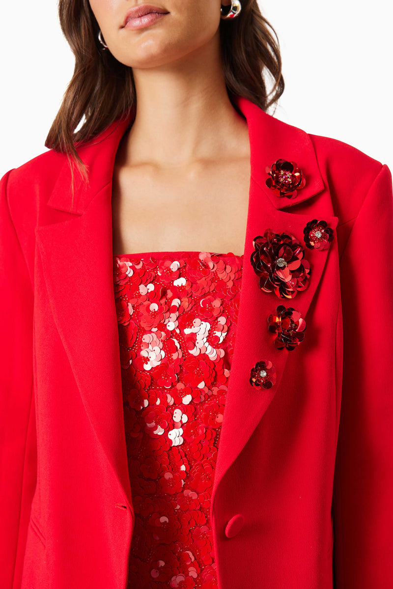 model wearing Emma Tailored Blazer In Red close up shot