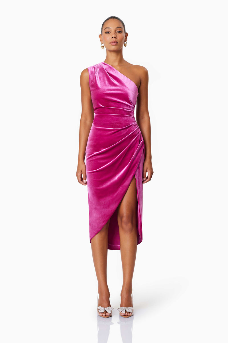 model wearing Solene One Shoulder Midi Dress In Pink front shot