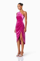 model wearing Solene One Shoulder Midi Dress In Pink side shot