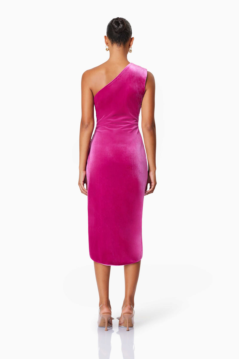 model wearing Solene One Shoulder Midi Dress In Pink back shot