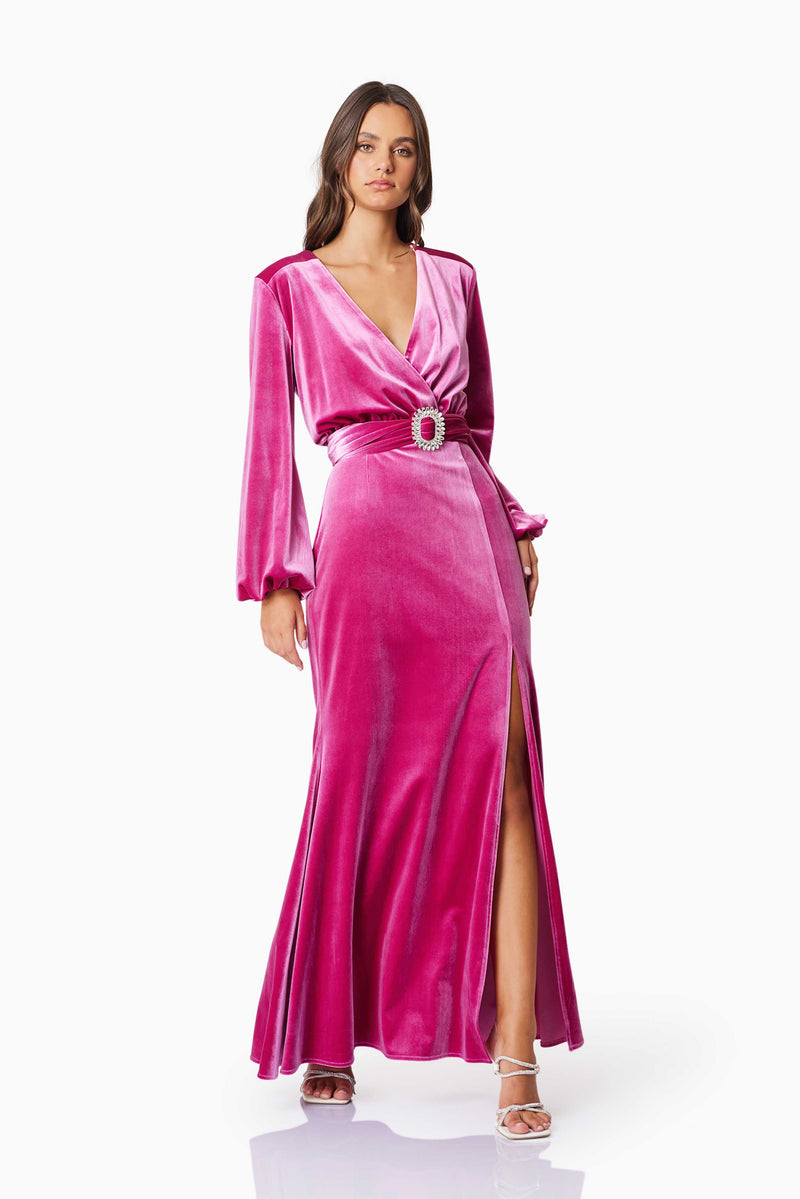 model wearing Solene Eventwear Maxi Dress In Pink front shot