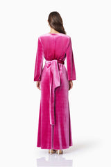 model wearing Solene Eventwear Maxi Dress In Pink back shot