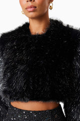 model wearing Cosette Faux Fur Jacket In Black close up shot