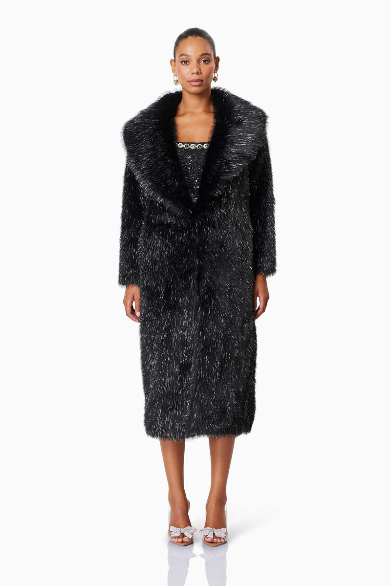 model wearing Cosette Faux Fur Coat In Black front shot