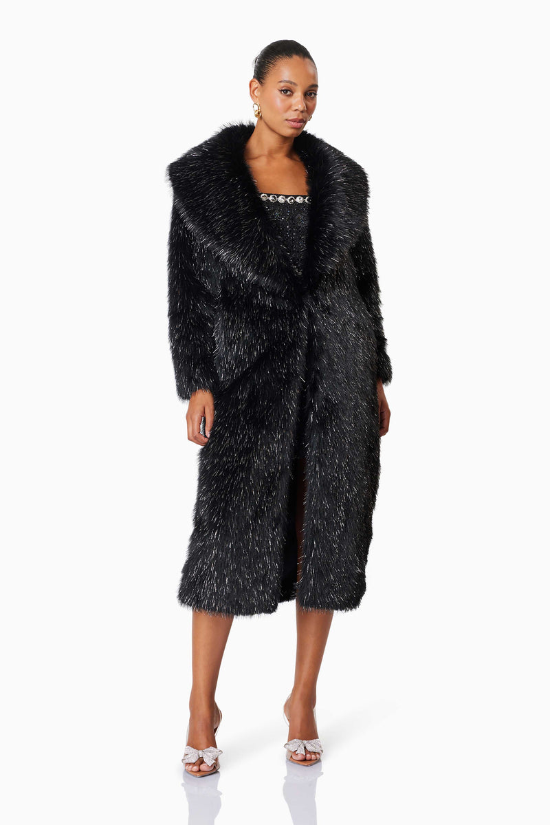 model wearing Cosette Faux Fur Coat In Black front shot