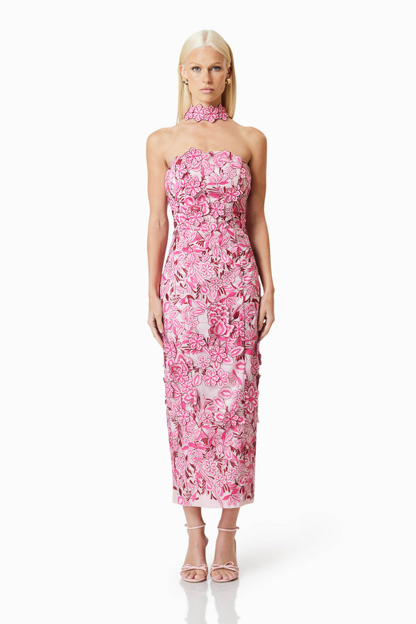 model wearing Roseate Cocktail Midi Dress In Pink front shot