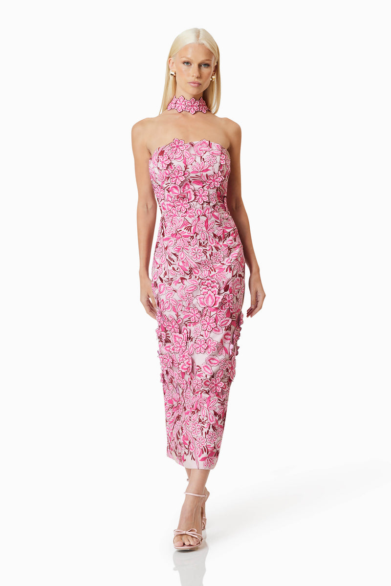 model wearing Roseate Cocktail Midi Dress In Pink front shot 