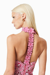 model wearing Roseate Cocktail Midi Dress In Pink side shot