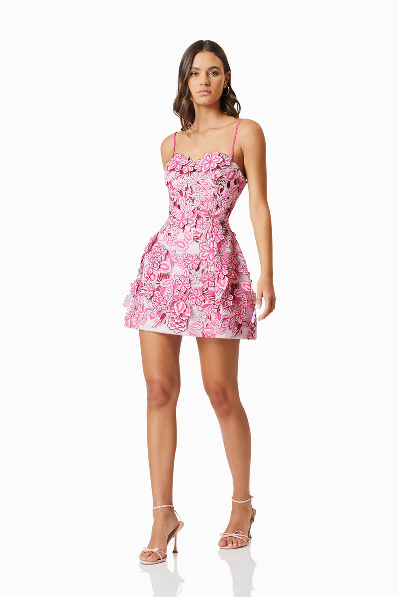 model wearing Roseate 3D Floral Mini Dress In Pink front shot