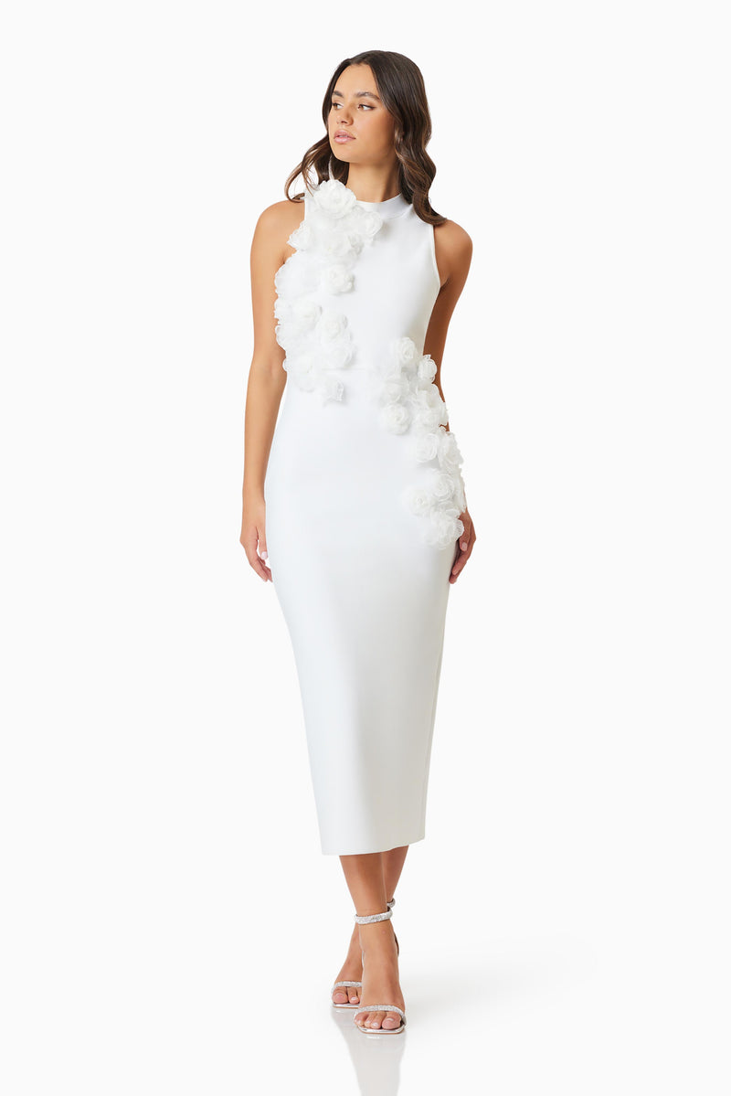 model wearing Whitetail 3D Floral Midi Dress In White front shot