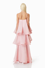 blonde model wearing Swallowtail Day To Night Maxi Dress In Pink back shot