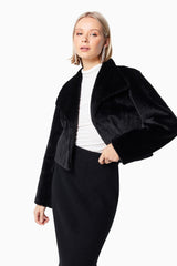 BLONDE HAIR MODEL WEARING FERNIE JACKET IN BLACK FRONT SHOT