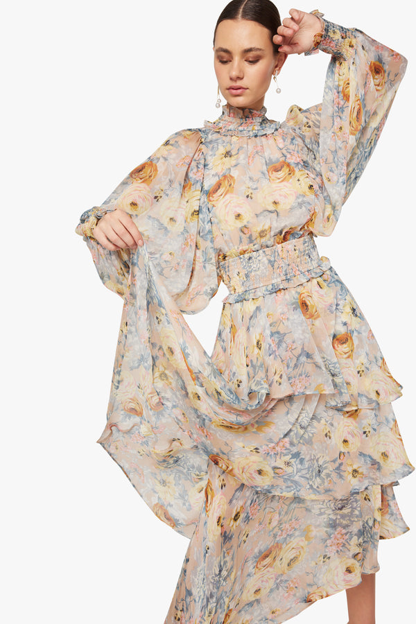 model wearing floral Astrid midi multi dress close up shot