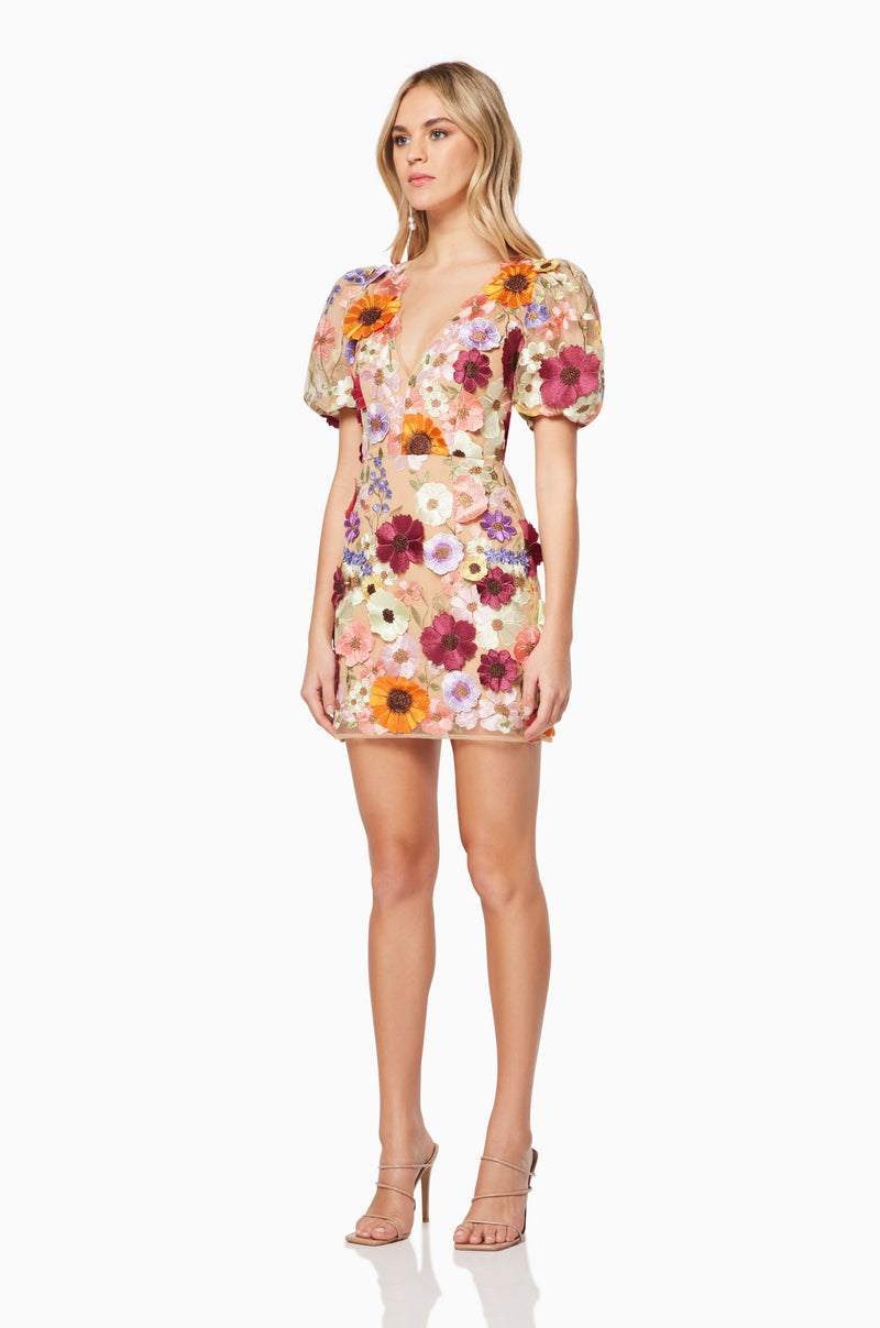 model wearing 3D floral Rosalind mini dress in multi side shot
